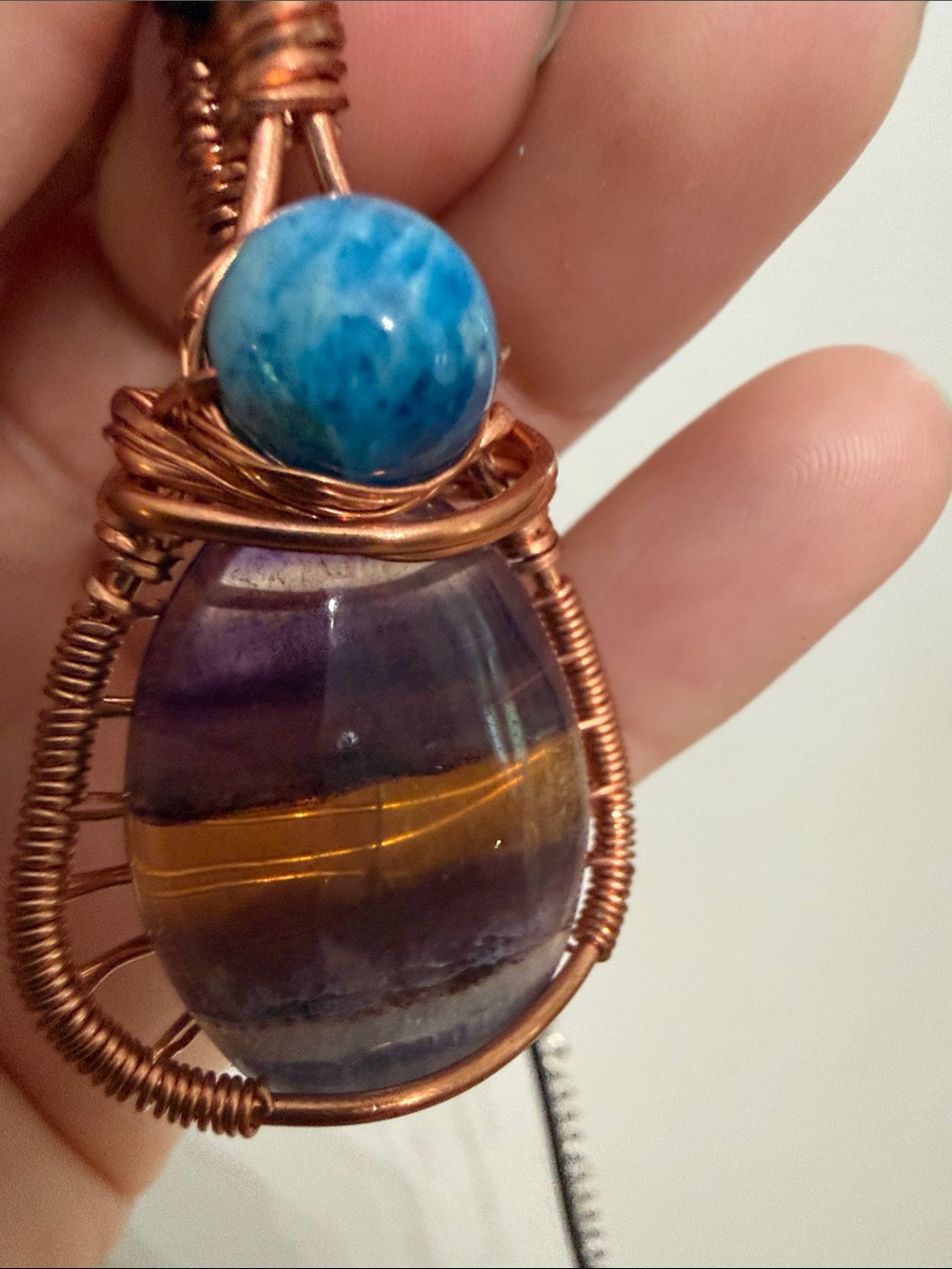 Handmade Copper Wire Wrapped Fluorite Pendant with Blue Apatite Bead - Picture 7 of 7